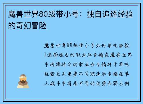 魔兽世界80级带小号：独自追逐经验的奇幻冒险